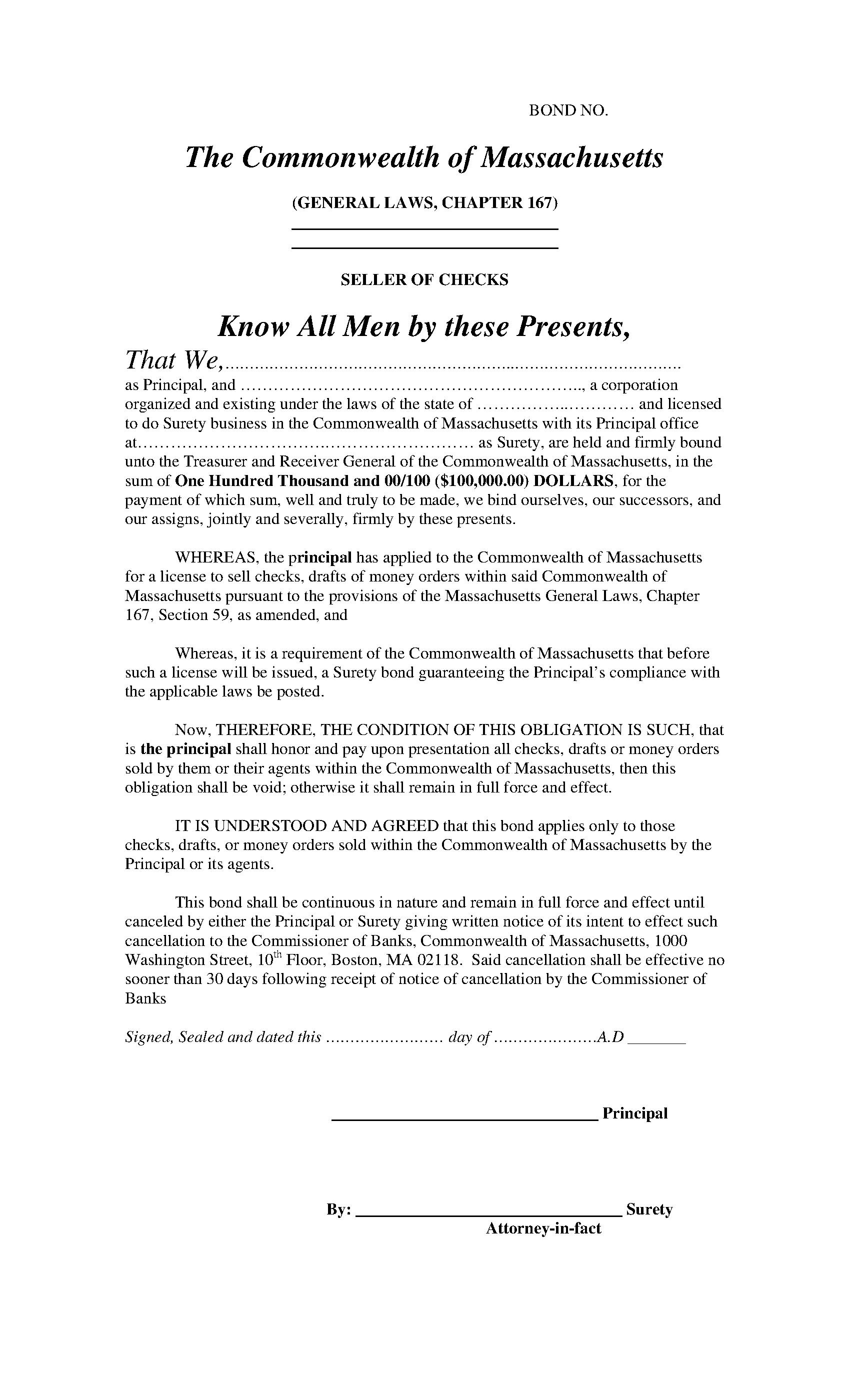 Commonwealth of Massachusetts Seller of Checks Bond EZ Surety Bonds