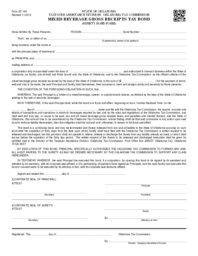 State of Oklahoma Mixed Beverage Gross Receipts Tax Bond EZ Surety Bonds