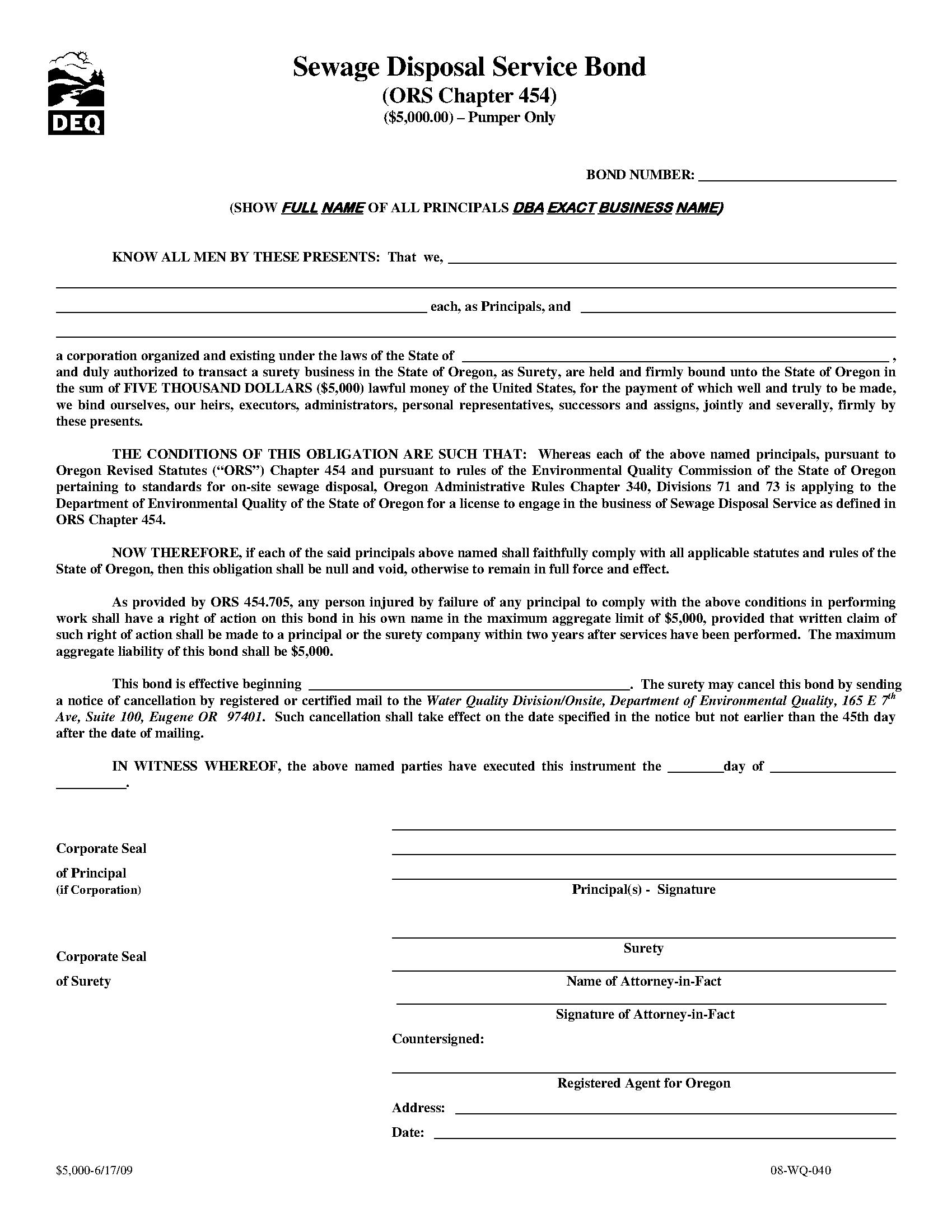 State of Oregon Sewage Disposal Service Pumper Only Bond EZ Surety Bonds