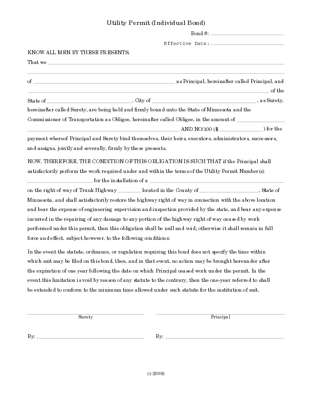 State of Minnesota Utility Contractor (Individual Permit) Bond EZ