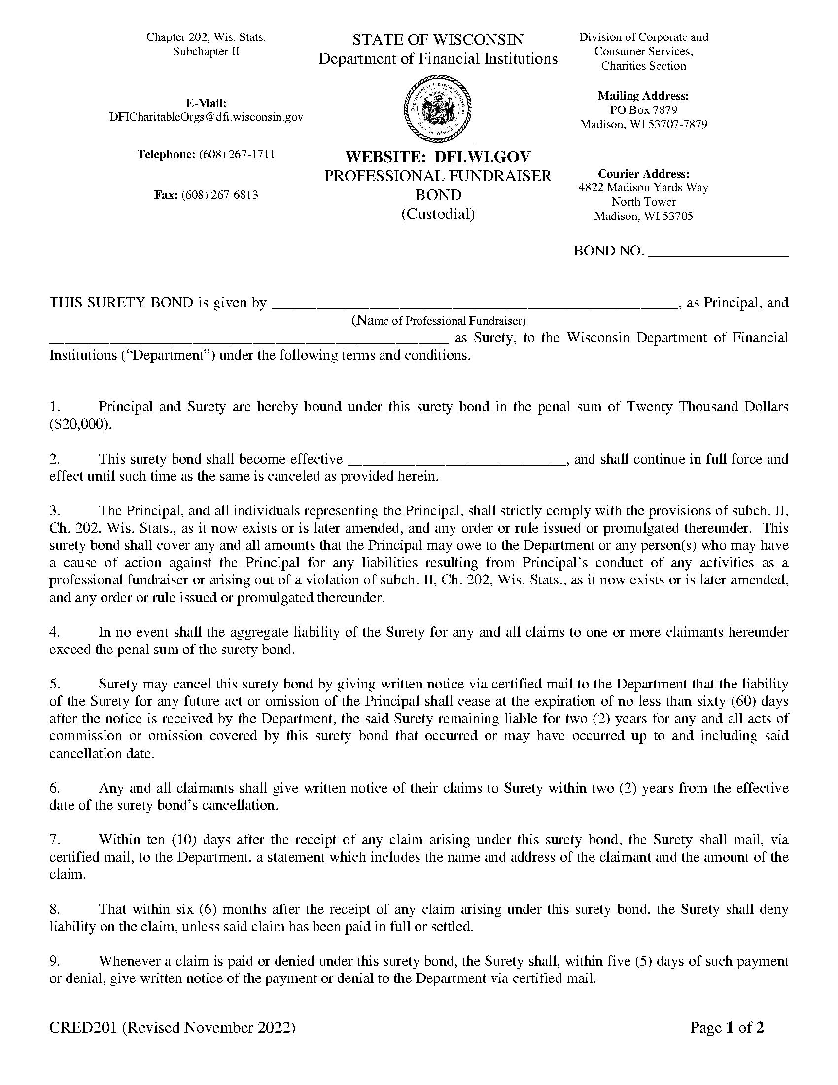 State of Wisconsin Professional Fundraiser (Custodial) Bond EZ Surety