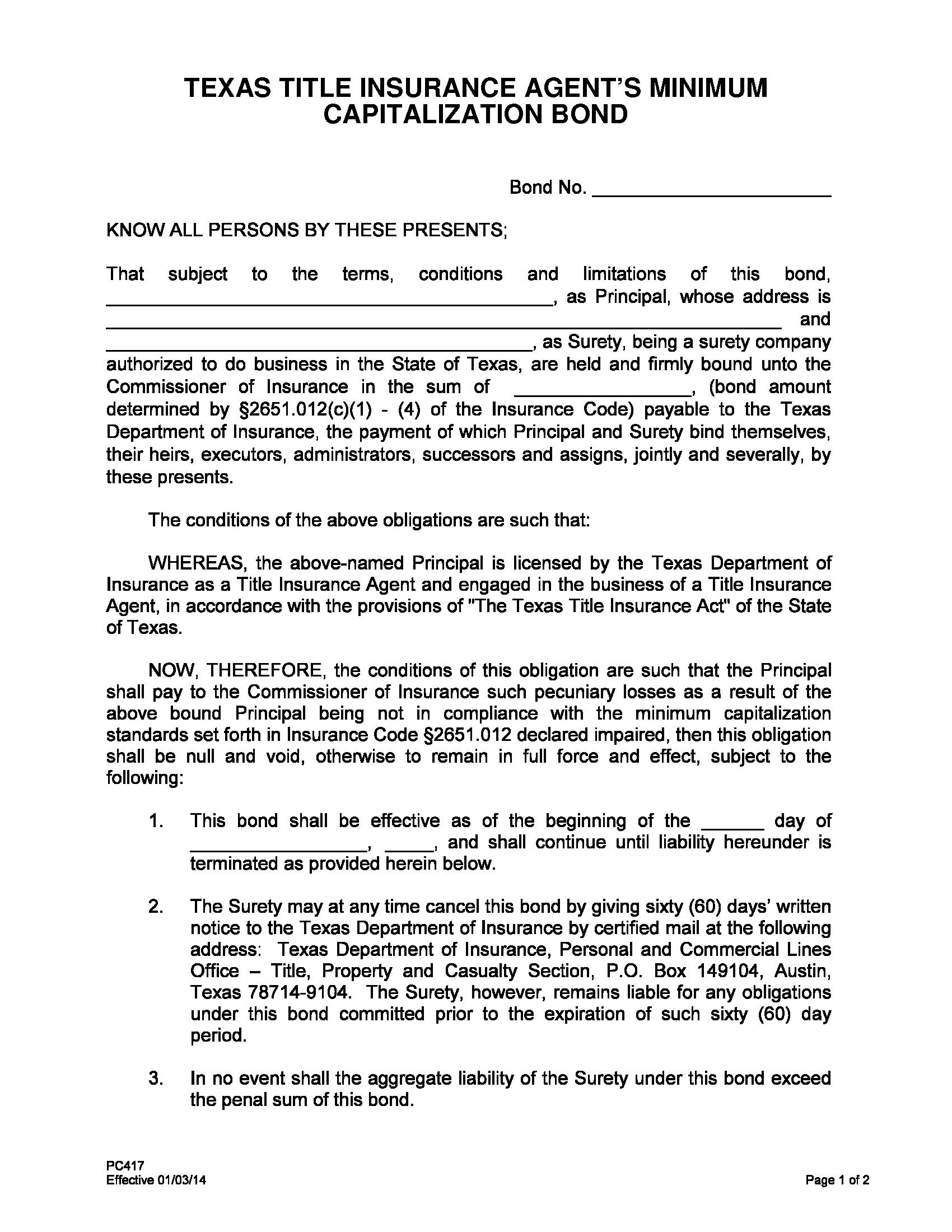 Texas Department of Insurance Title Insurance Agent's Minimum Capitalization Bond EZ Surety Bonds