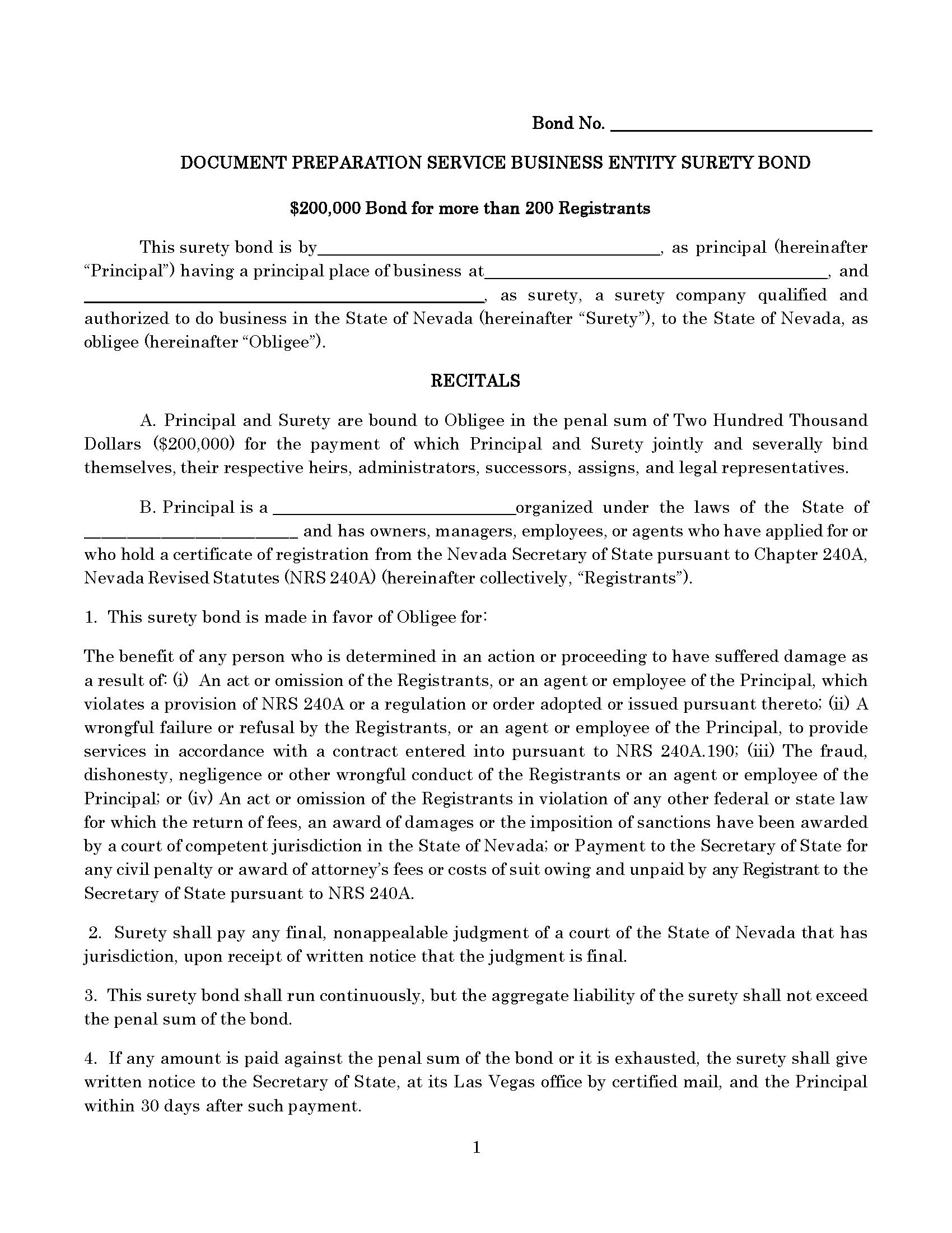 State of Nevada Document Preparation Service Business Entity with