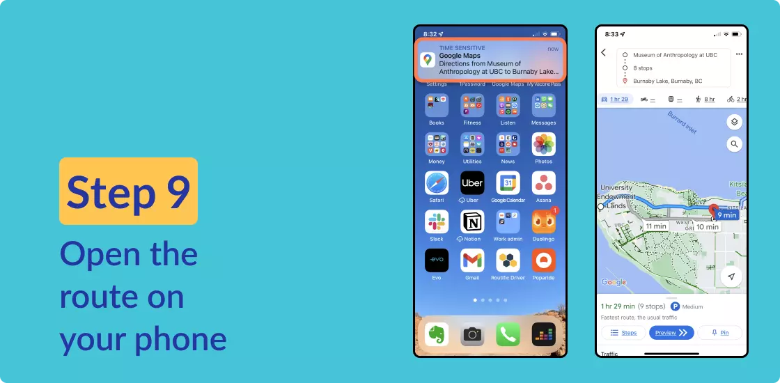Composite image. First is an iPhone screen showing a Google Maps popup notification. Next is the Google Maps app open with the previously planned route showing.