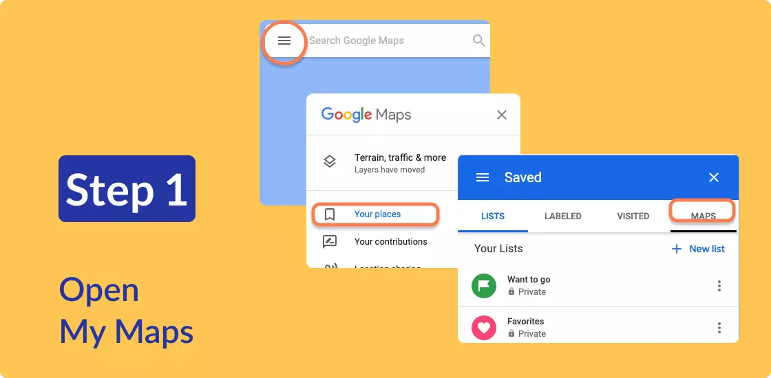 Composite image showing how to open My Maps from Google Maps.