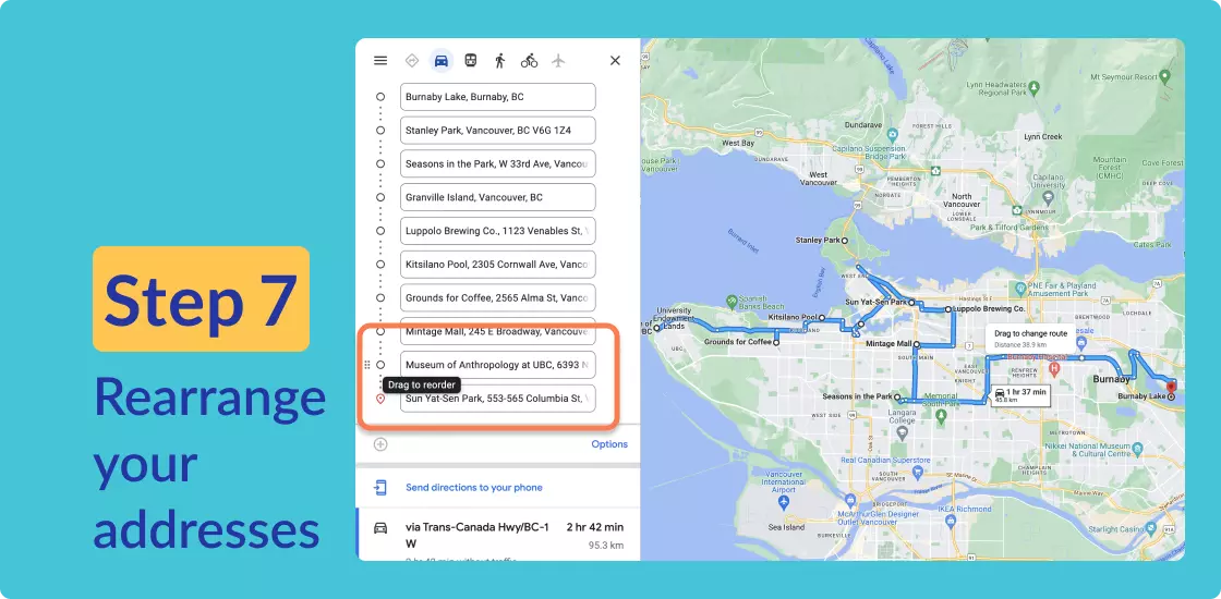 The same stops in a new order, with the "Drag to re-order" screentip highlighted. The route now doesn't cross any bridges and the total time is 1hr 37mins.