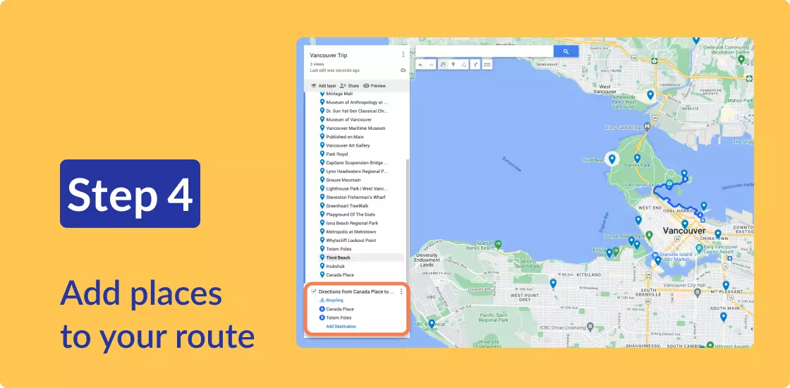 My Maps screen showing Vancouver with multiple locations mapped, and the beginnings of a new layer with a route mapped from Canada Place to destinations in Stanley Park.a