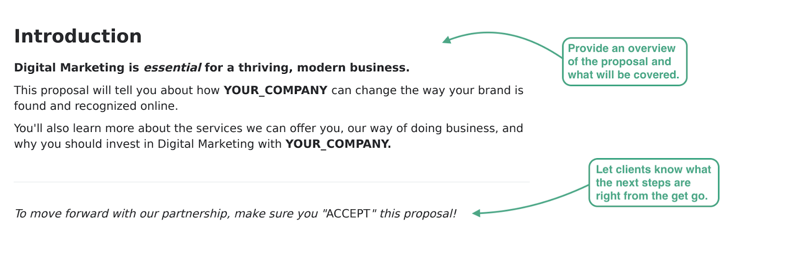 this image shows Bonsai's digital marketing introduction section ion which the digital marketer introduces the proposal and discusses what it will cover