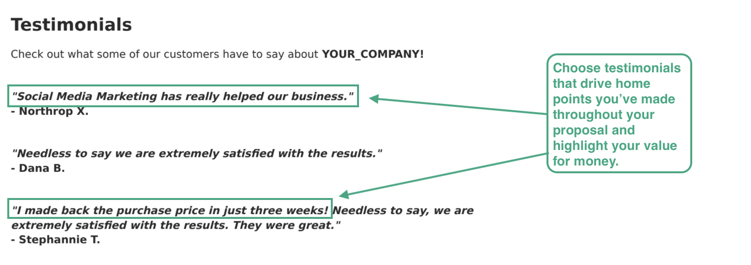 Bonsai's testimonials page in the social media marketing template highlight the success of previous projects