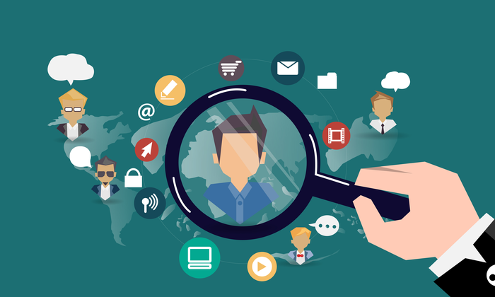 this image shows a cartoon person in a magnifying glass looking over their social media audience