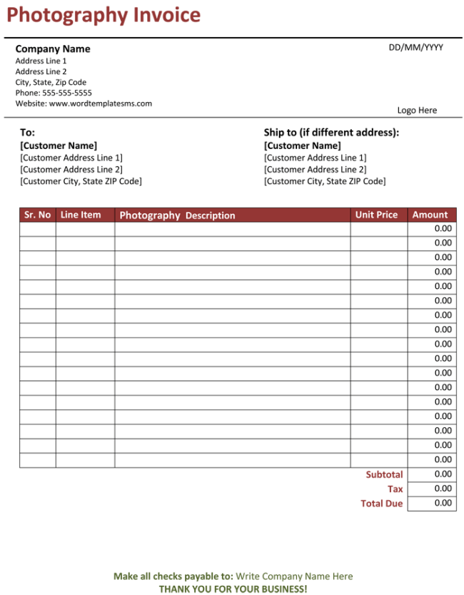 Photography Invoice Template