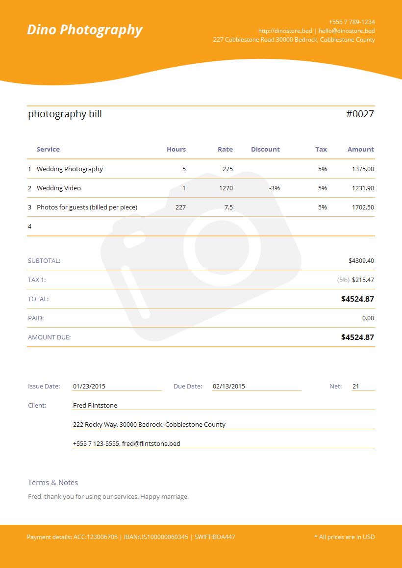 Photography Invoice Template Sample