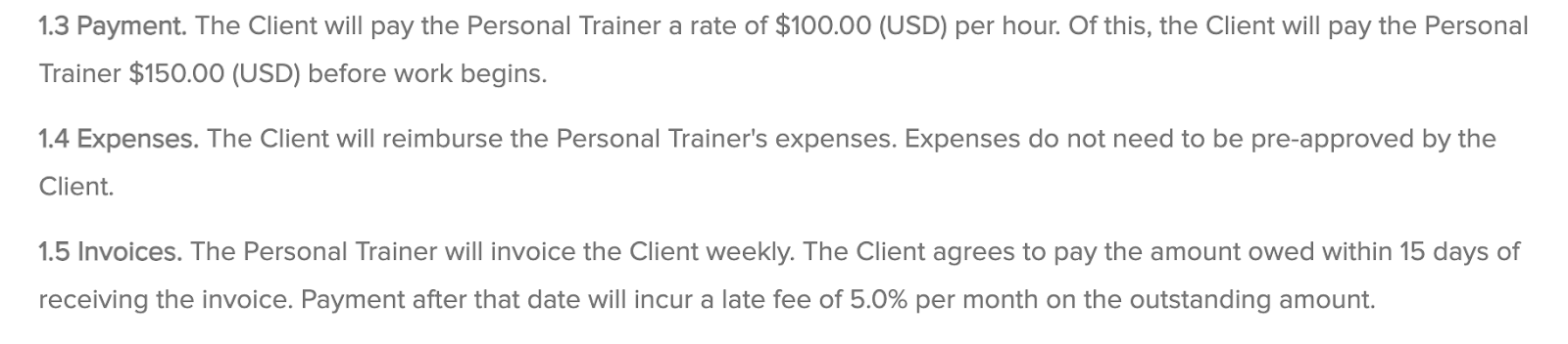 sample payment details in personal trainer contract