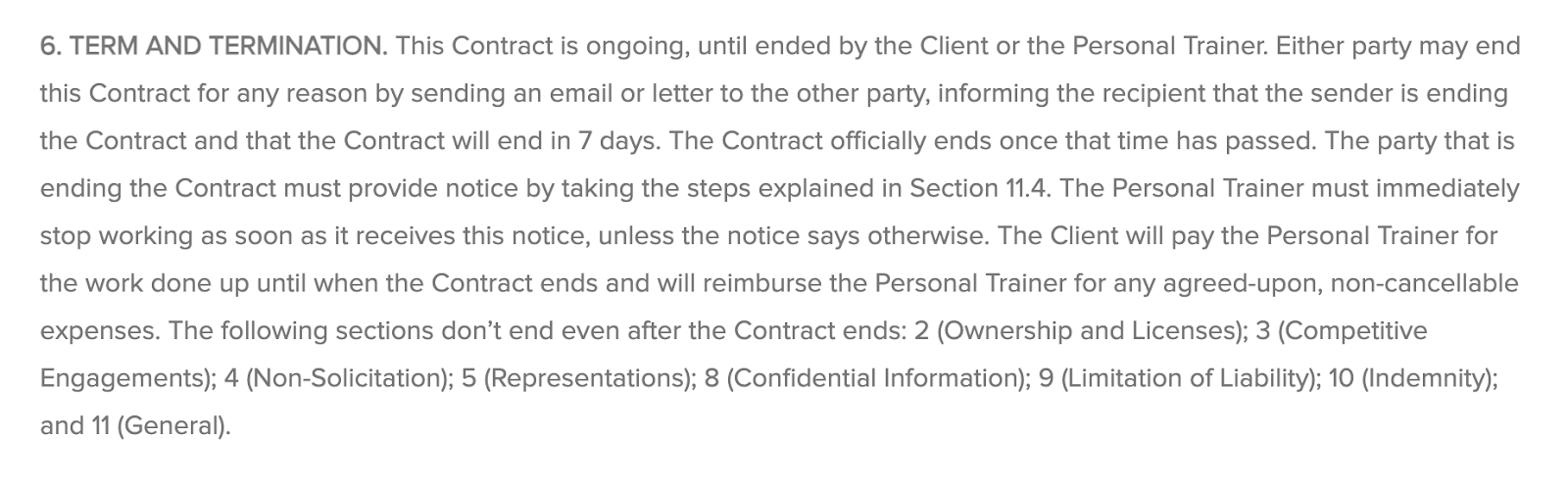 termination clause sample for personal trainer contract