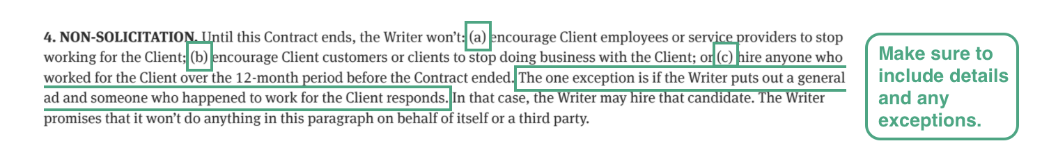 this image shows the non-solicitation section of the technical writer contract, and includes annotations regarding details and exceptions