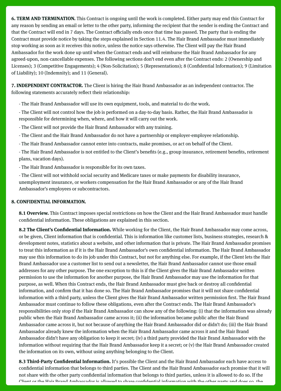 Free Hair & Hair Extensions Brand Ambassador Contract Template 2023