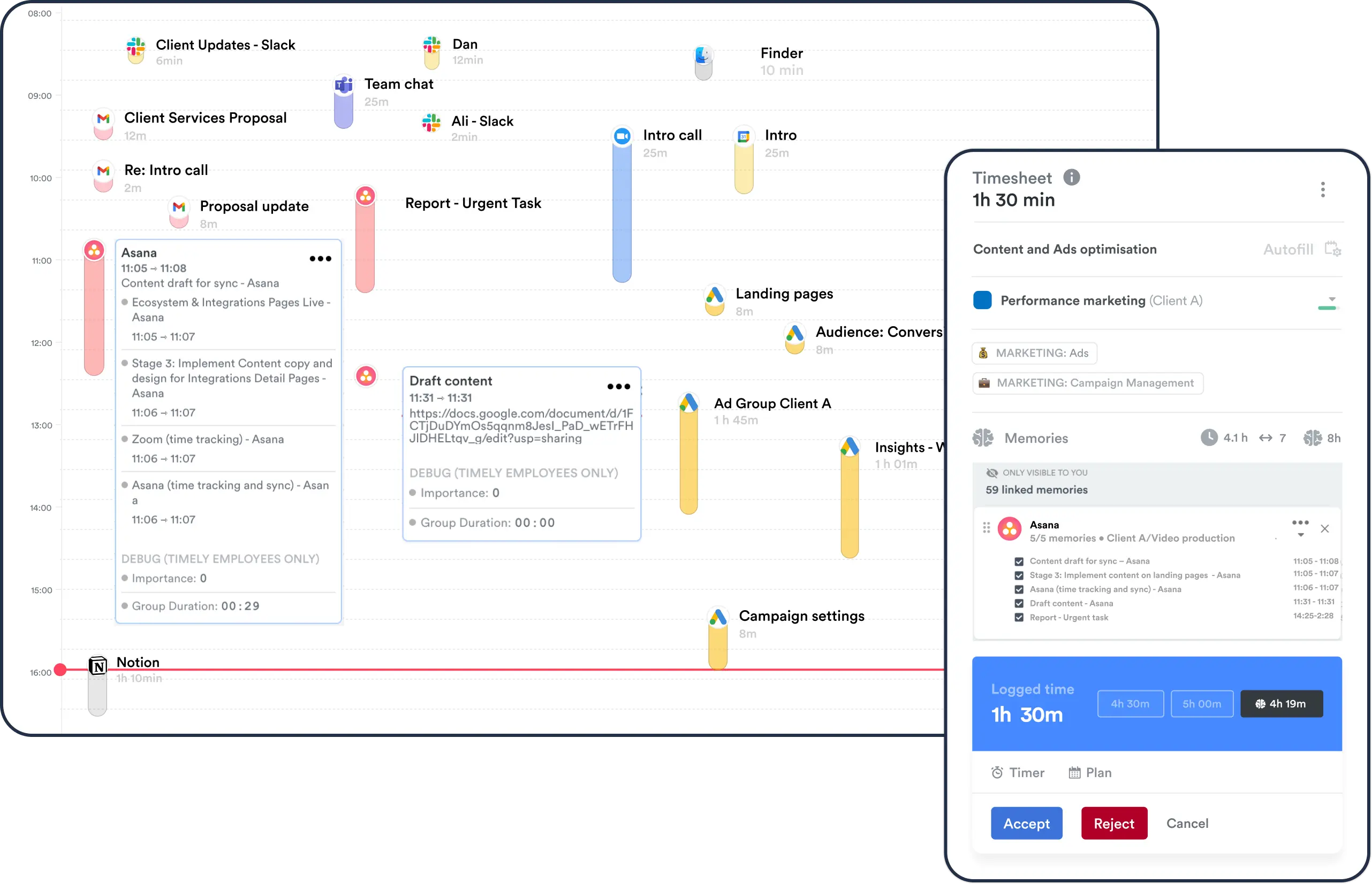 Timely's time tracking interfaces