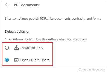 Opera, default PDF settings, customization