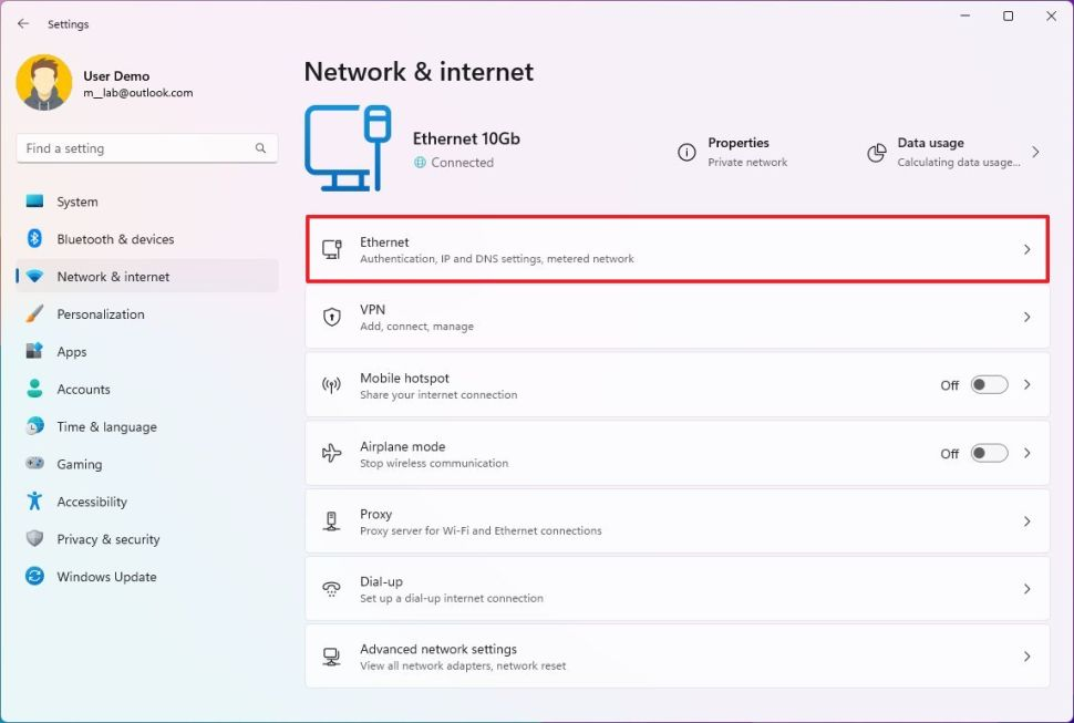 windows settings network and internet
