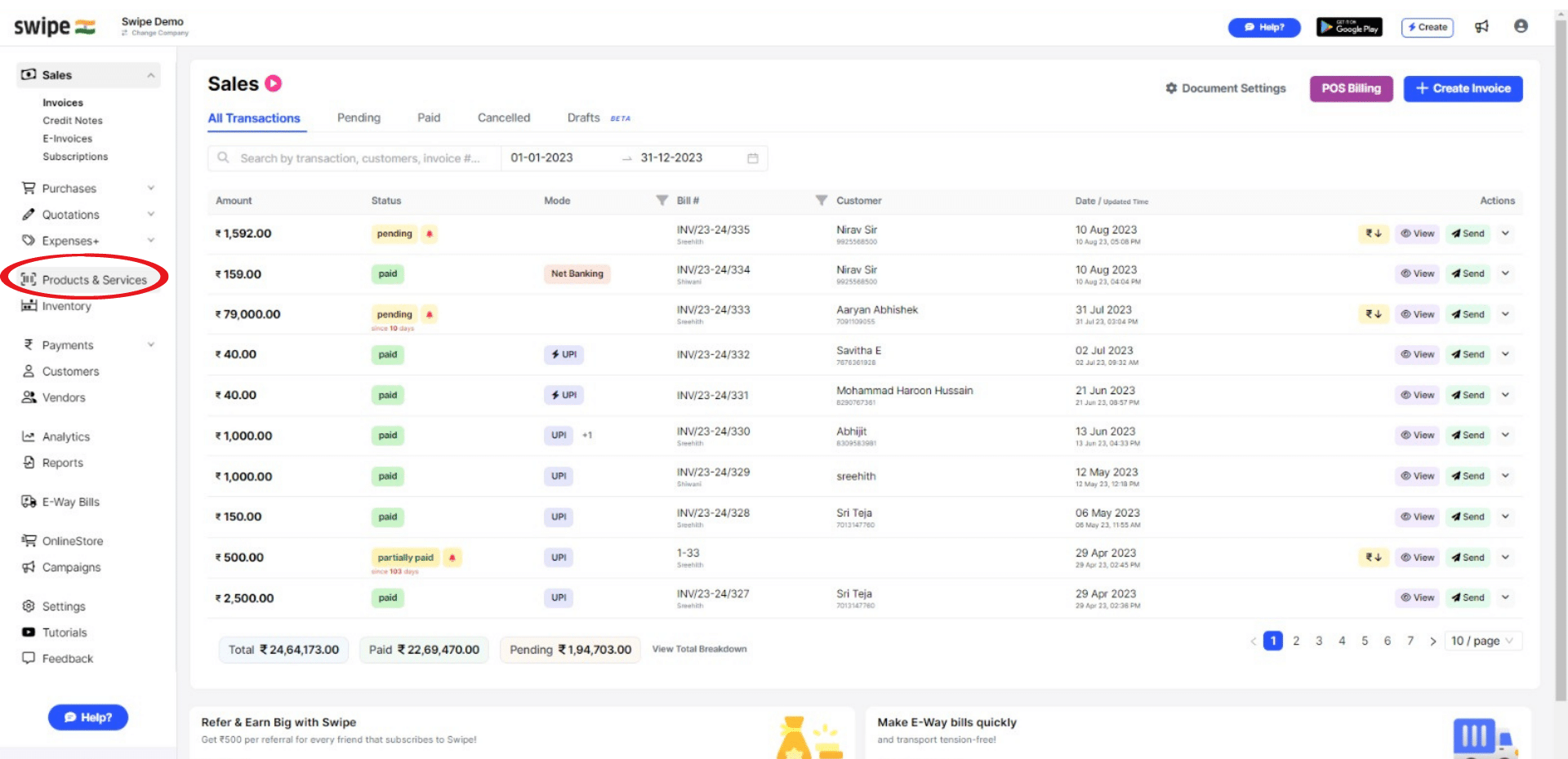 Click on product and services