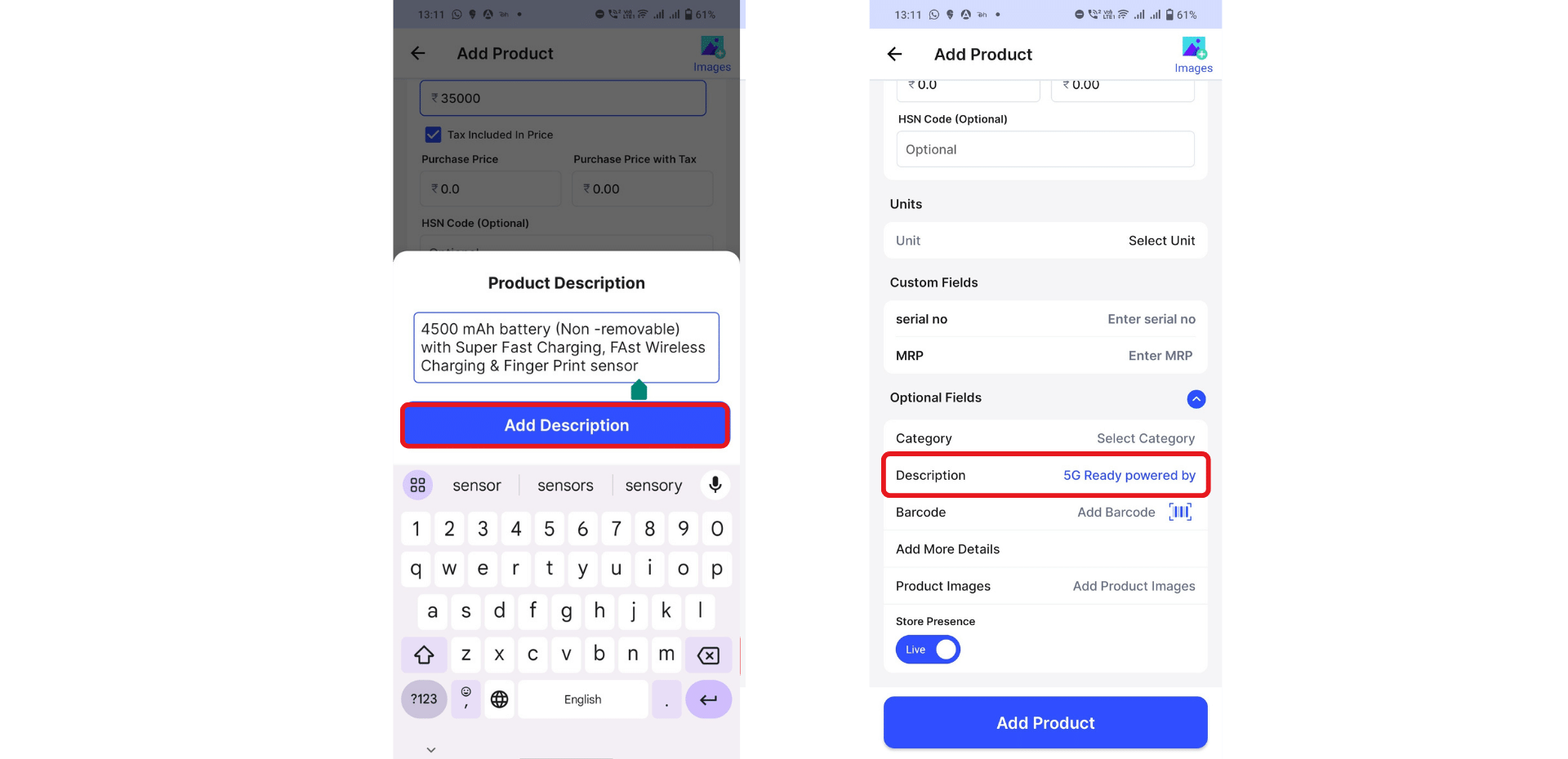 description of the product added successfully