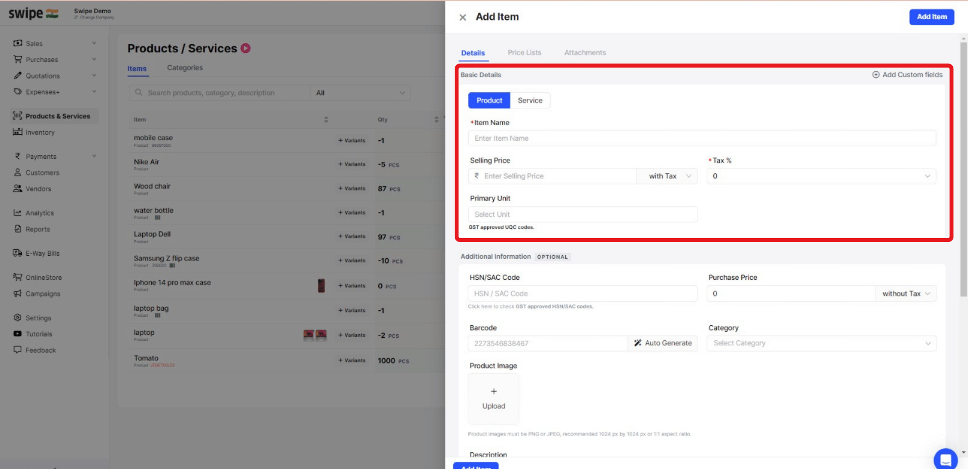 fill in the product details
