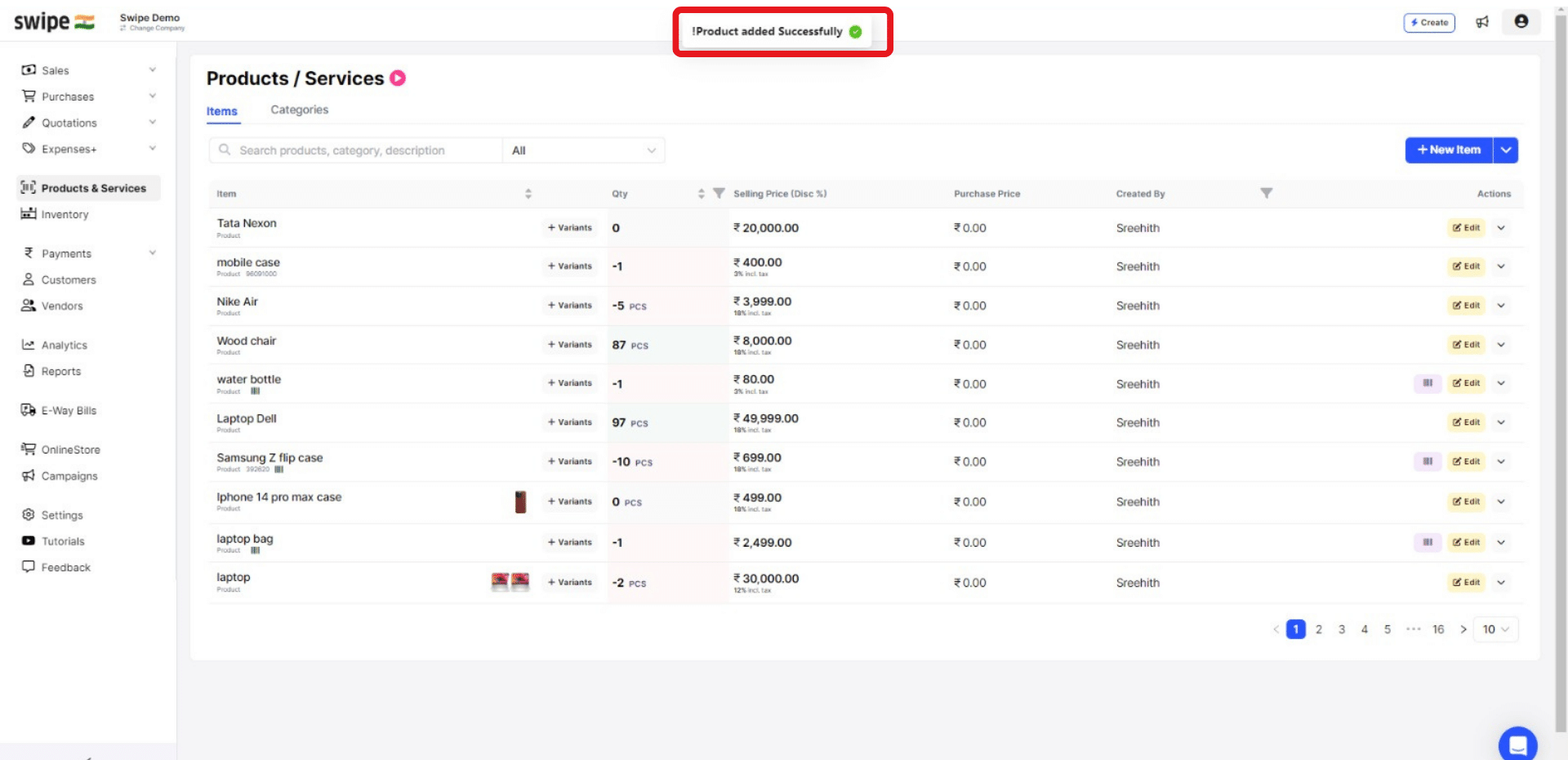 product added successfully