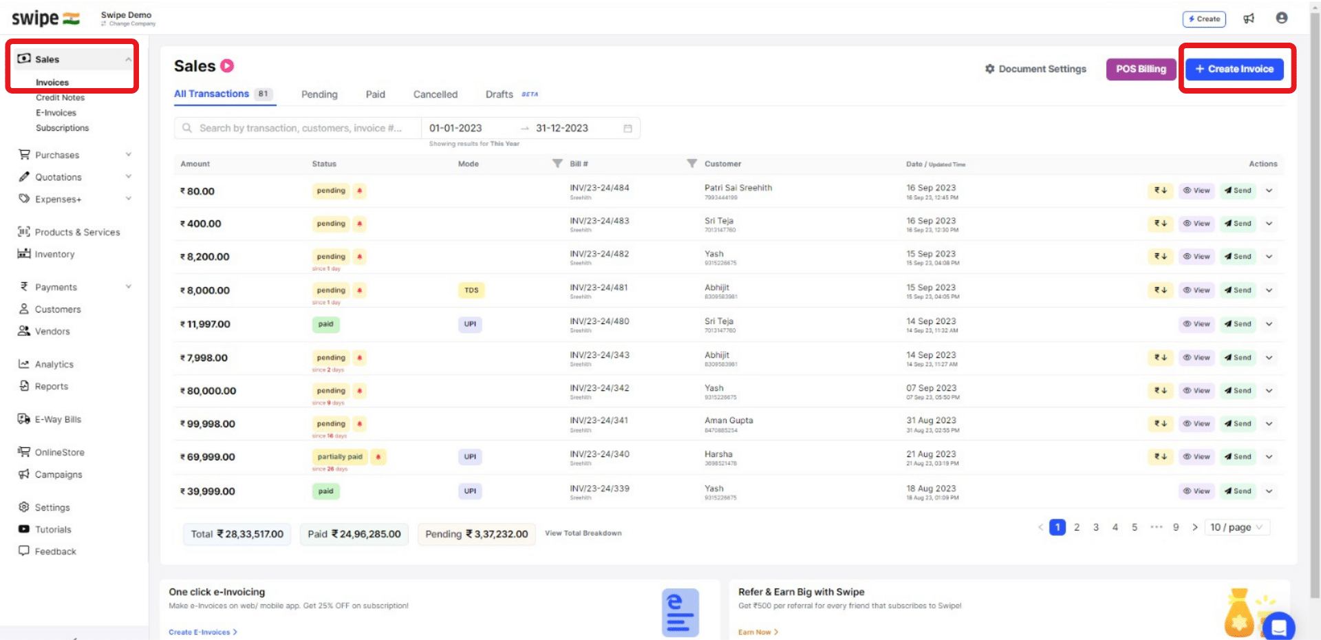 click on invoices from sales