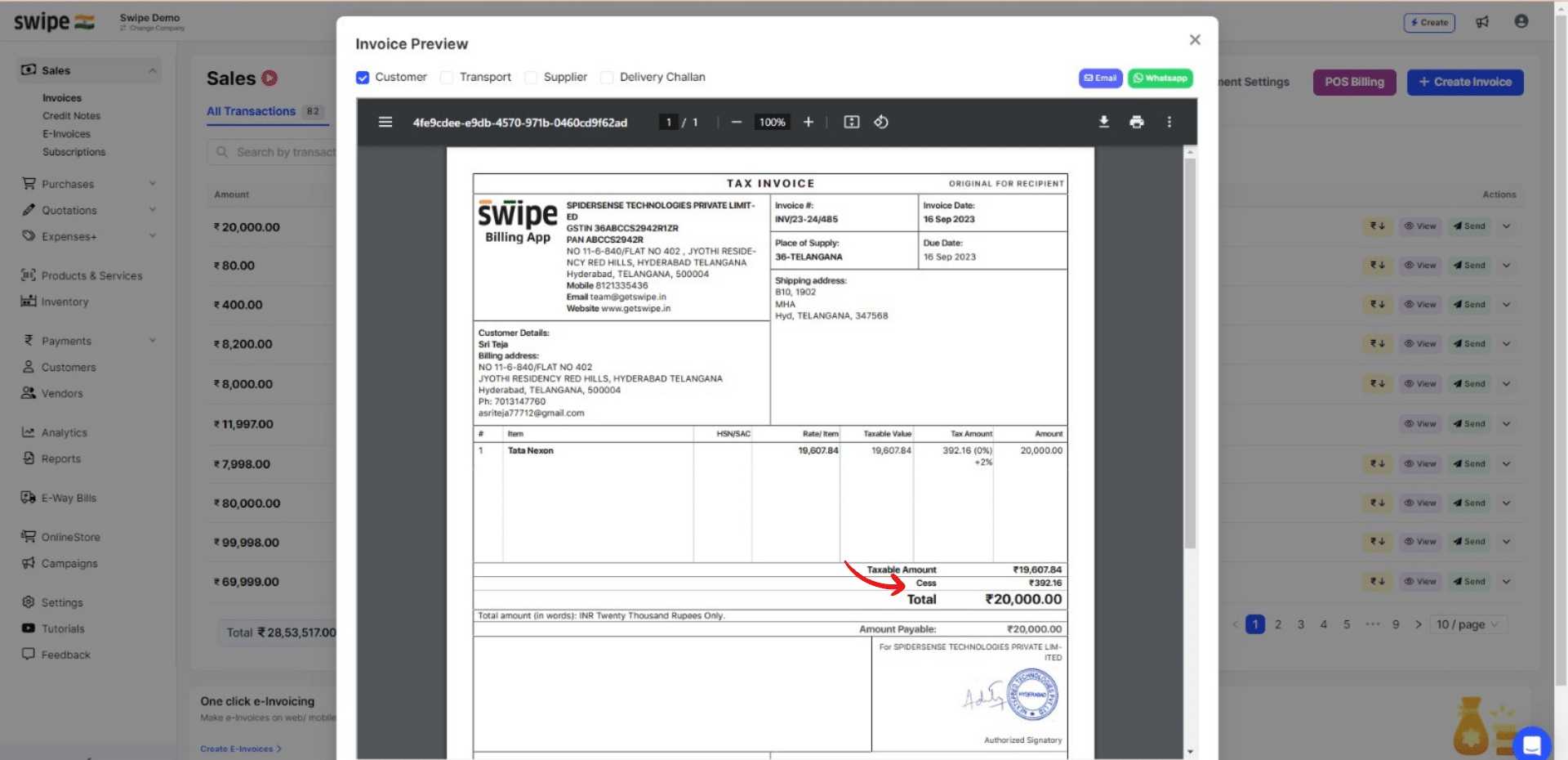 invoice with cess percentage