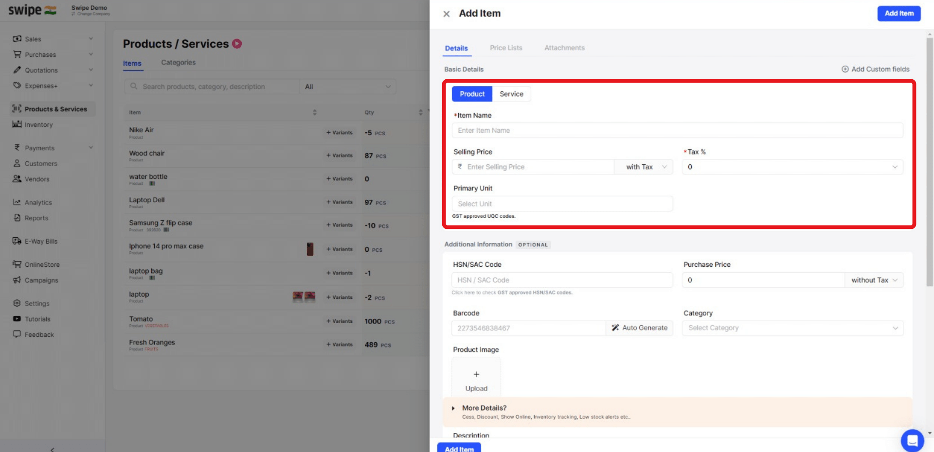 fill in the rpoduct details