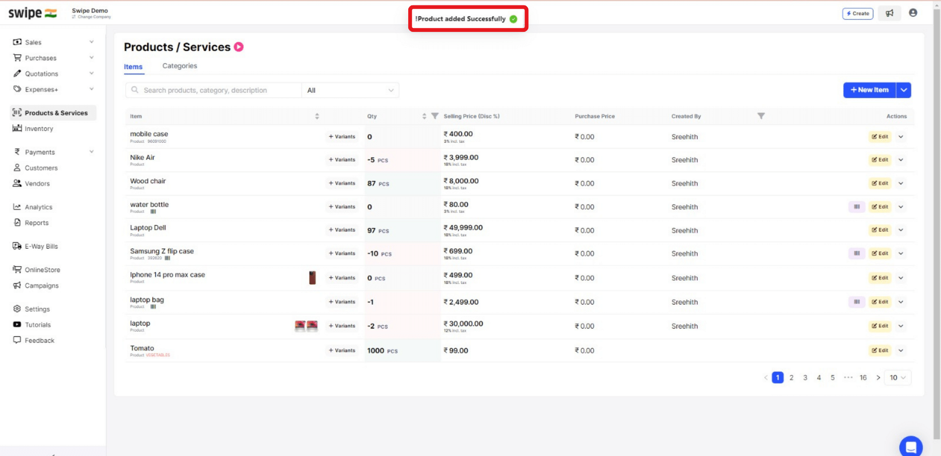 product added successfully