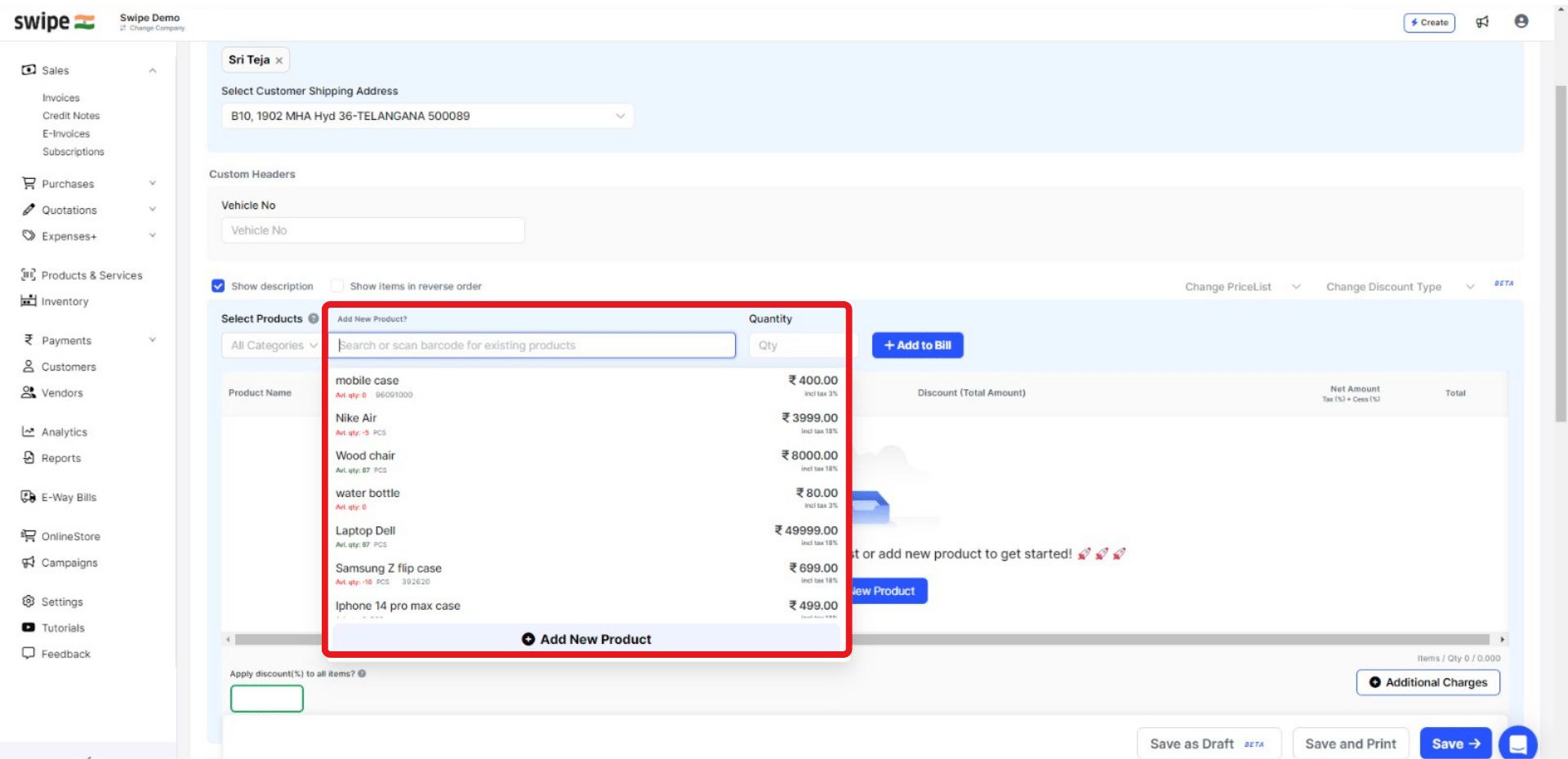 fill in product details