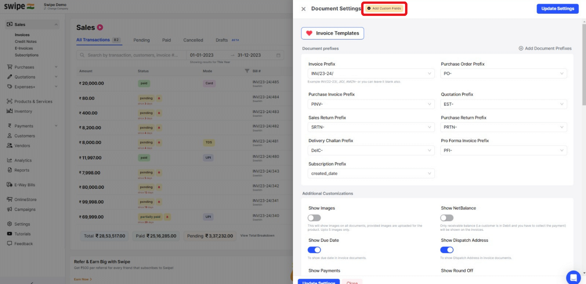 click on custom fields