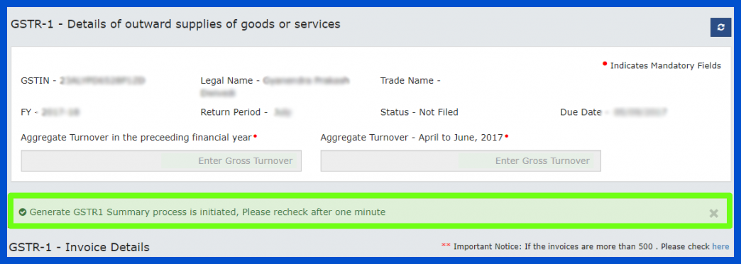 GSTR1 summary in process