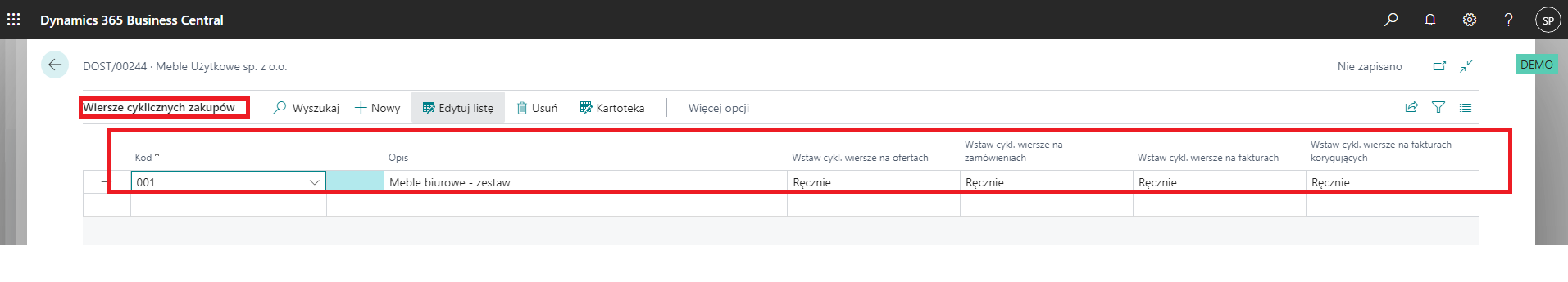 Tworzenie cyklicznych wierszy zakupu i sprzedaży w Microsoft Dynamics 365 Business Central