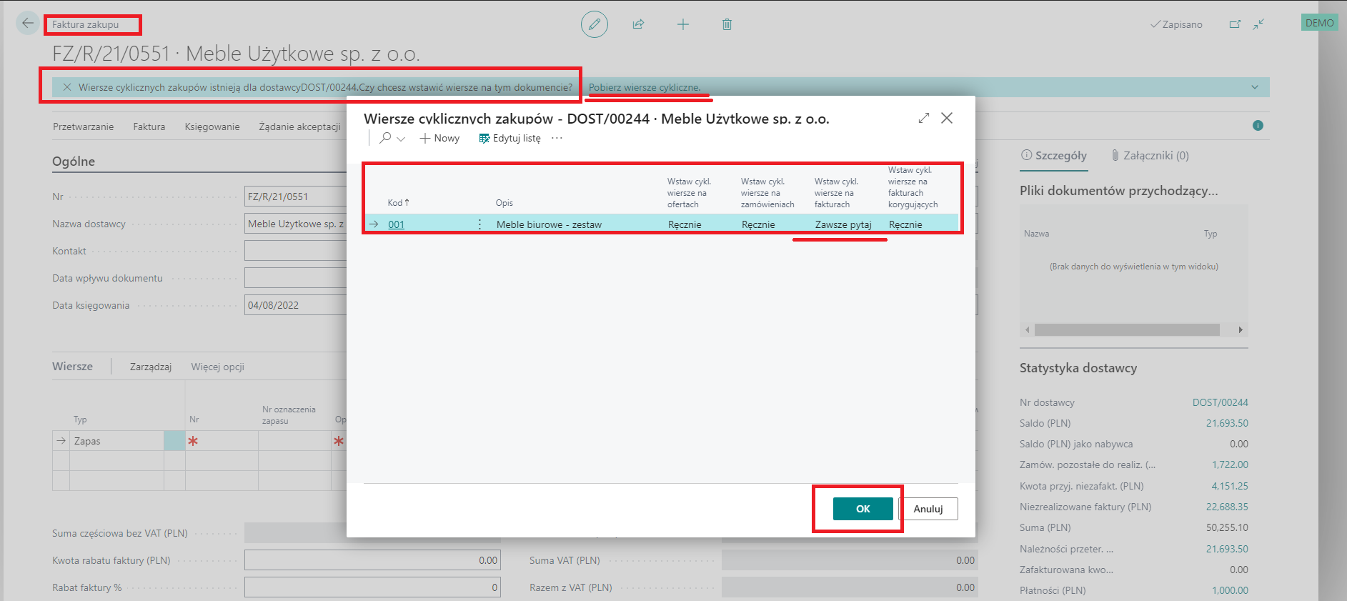 Tworzenie cyklicznych wierszy zakupu i sprzedaży w Microsoft Dynamics 365 Business Central