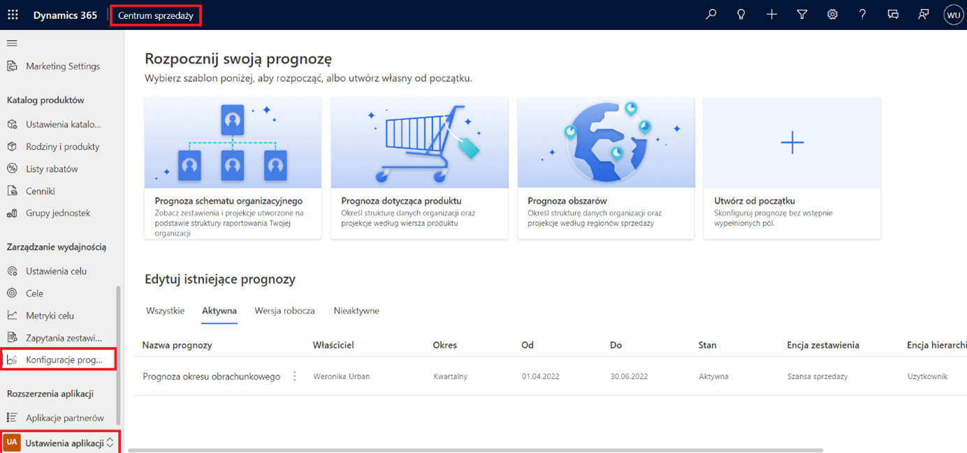 Konfigurowanie prognoz w Dynamics 365