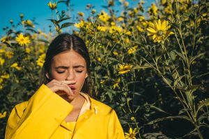 Picture of a girl sneezing in a field of flowers.