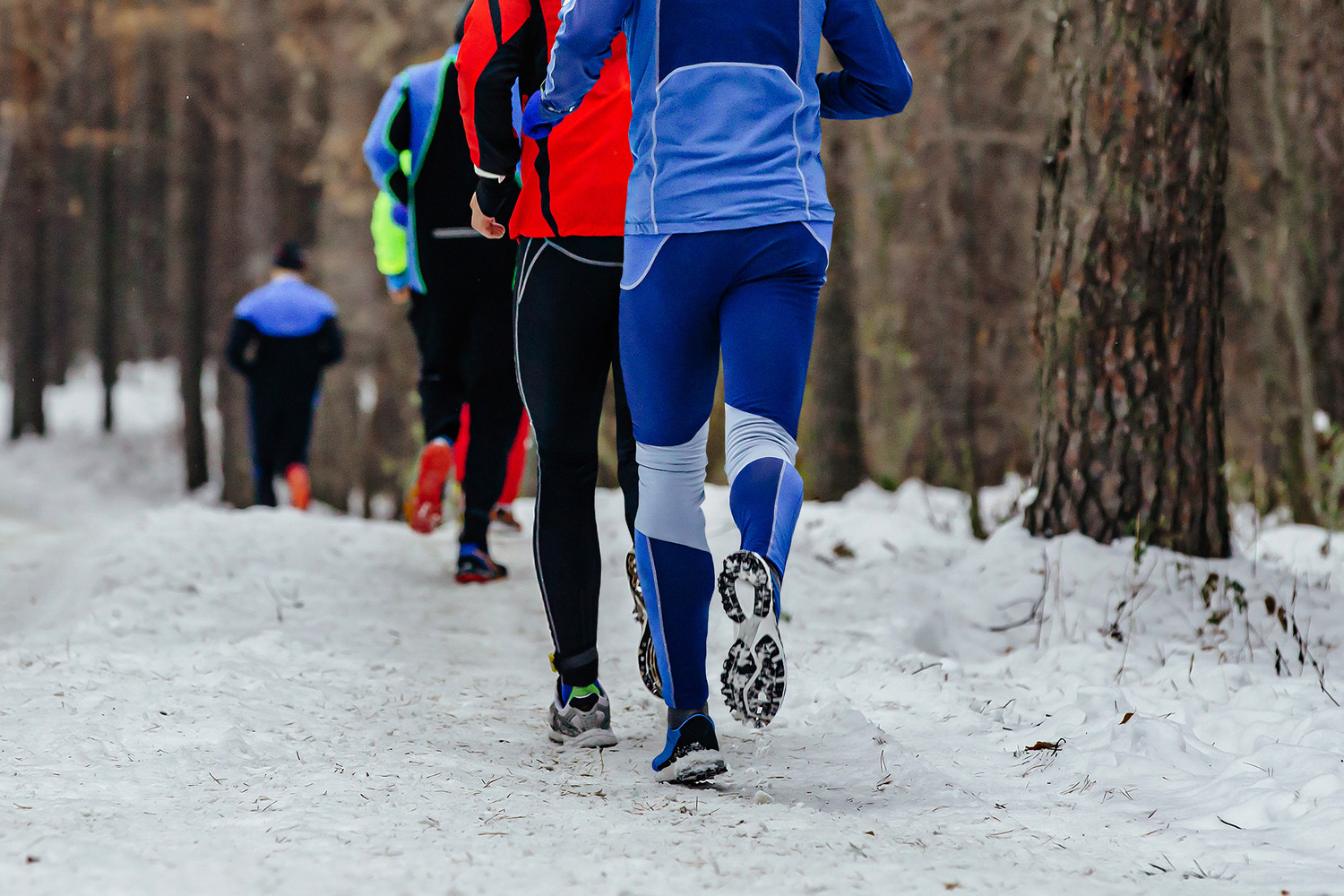 Picture of a group of joggers running through the snow.