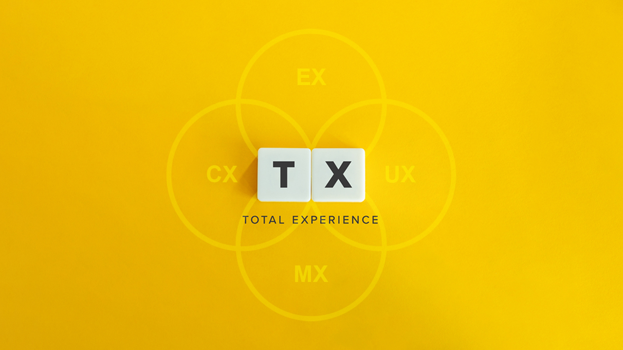 Scrabble pieces 'T' and 'X' sit on bright yellow background with the text 'Total Experience' written underneath