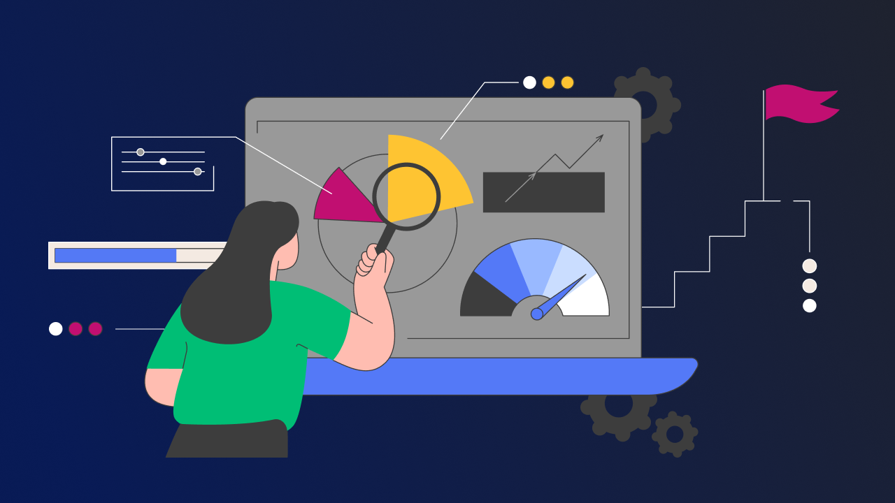 An abstract illustration of a young woman testing software on her laptop