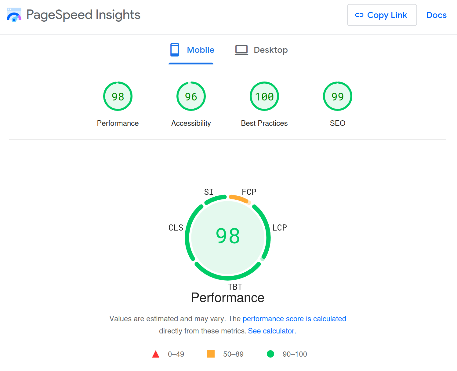 A screenshot of PageSpeed Insights for Wikipedia showing the performance, accessibility, best practices, and SEO scores, with performance highlighted, showing a result of 98 out of 100.