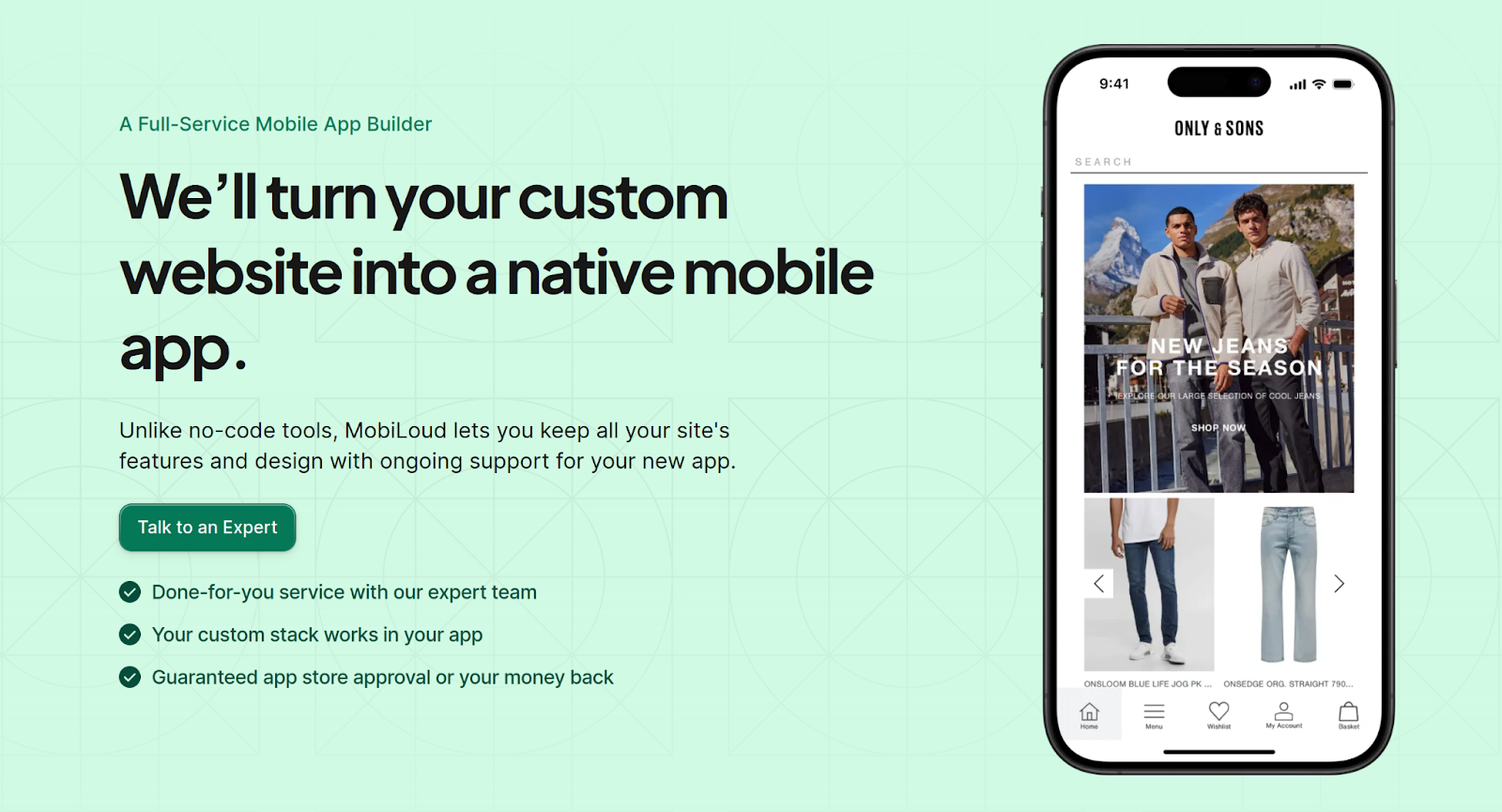 A screenshot of the MobiLoud website showing a blurb that says "we'll turn your custom website into a native mobile app."