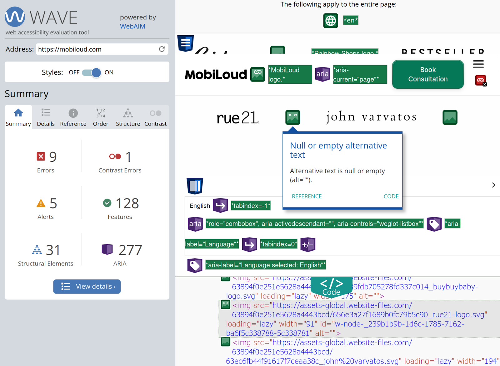 The WAVE inspector showing results for MobiLoud.com with one area highlighted and the code visible.