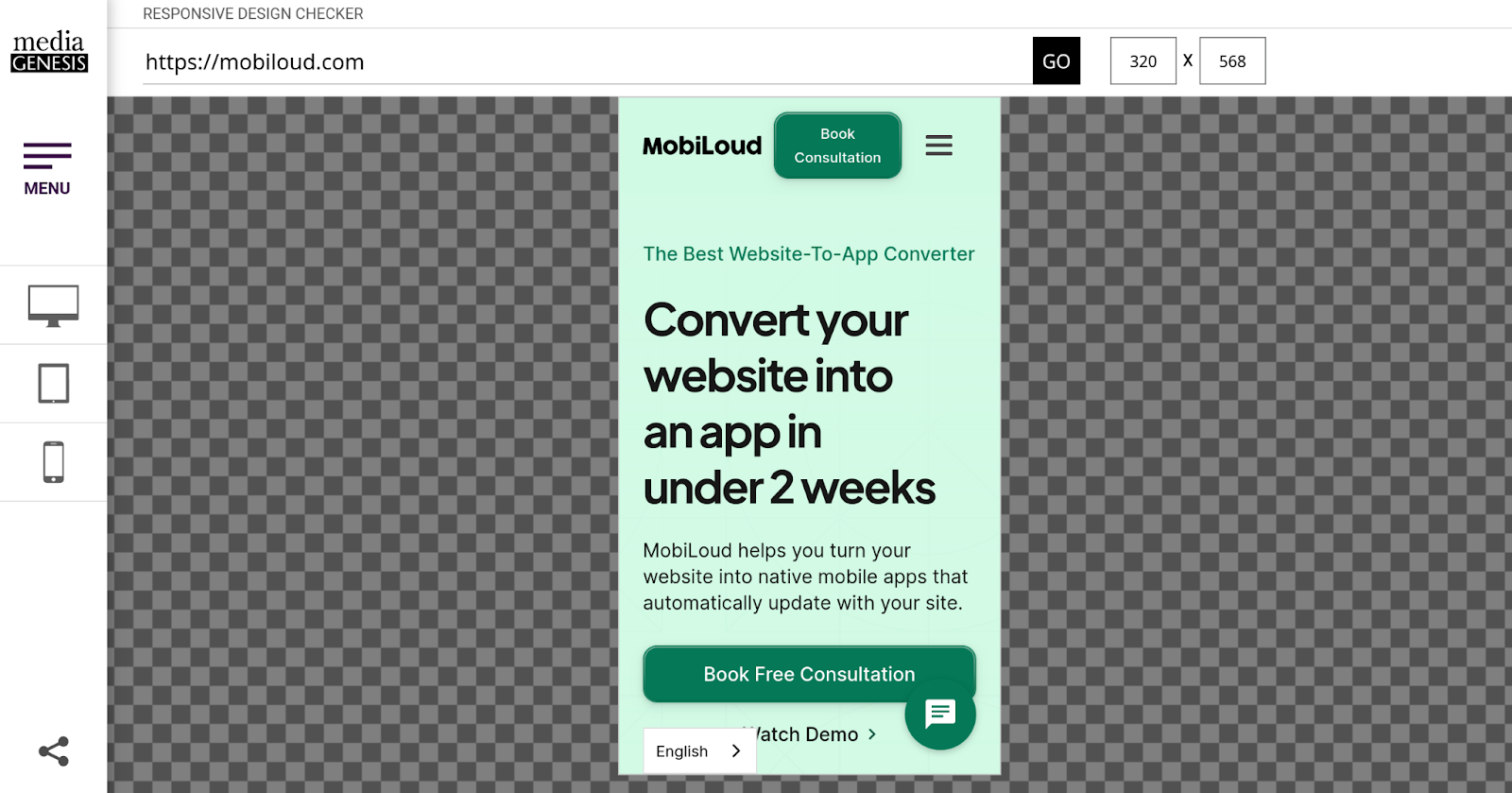 The Responsive Website Design website showing MobiLoud.com being tested for its mobile responsiveness.