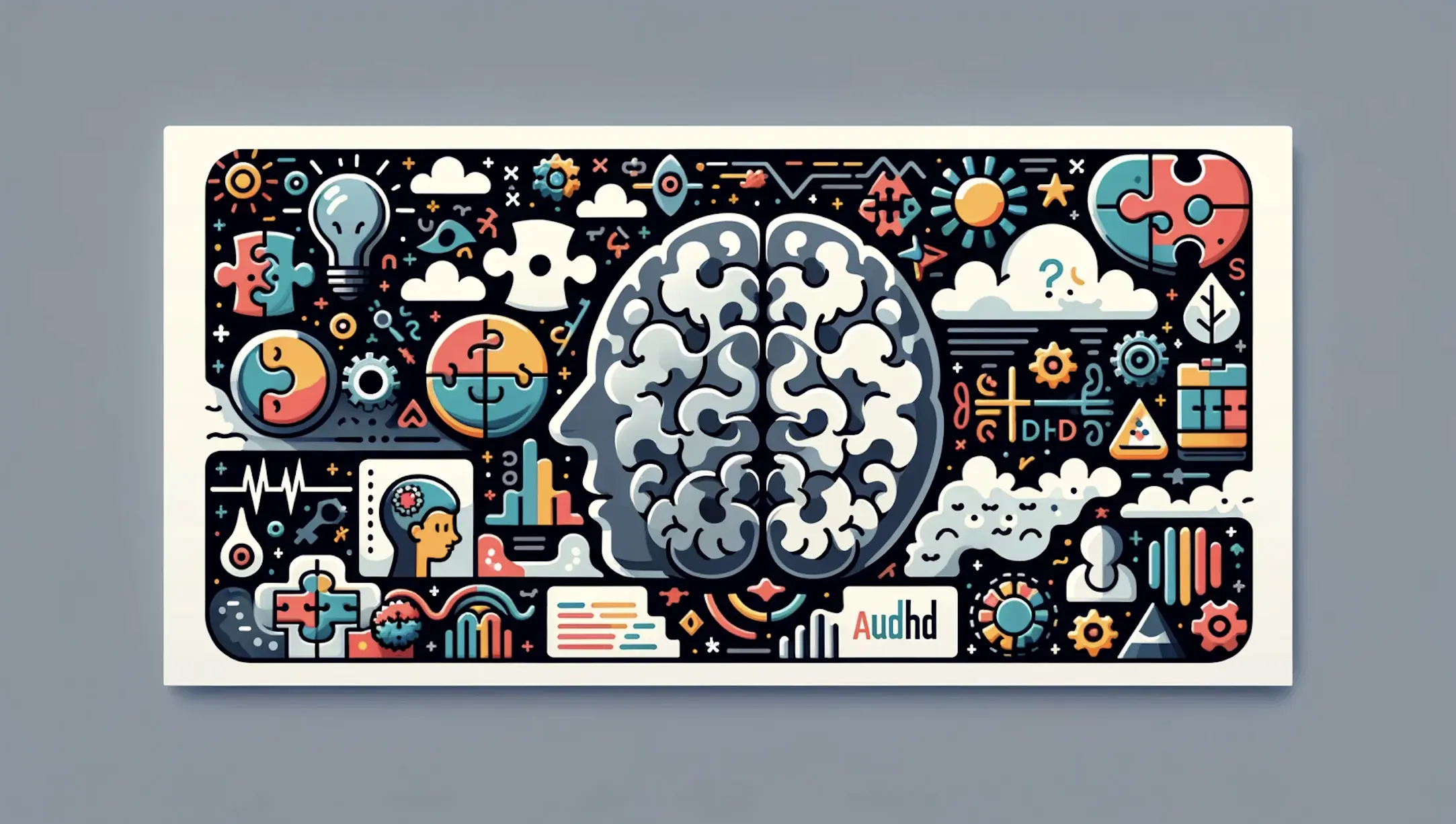 A wide header image illustrating the concept of AuDHD without any words, combining symbols of ADHD and Autism Spectrum Disorder. Include visual representations of ADHD like a brain with focus and distraction zones, and Autism like a puzzle piece and sensory icons. Blend these elements creatively to symbolize the unique blend of both neurotypes. Use a harmonious color palette to represent understanding and unity.