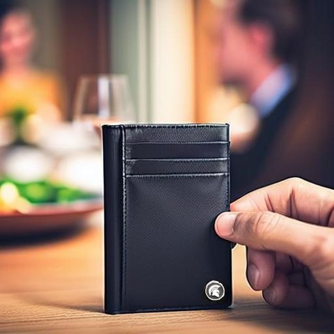 Custom product photo generated using our tool, showcasing a black wallet in a restaurant setting.