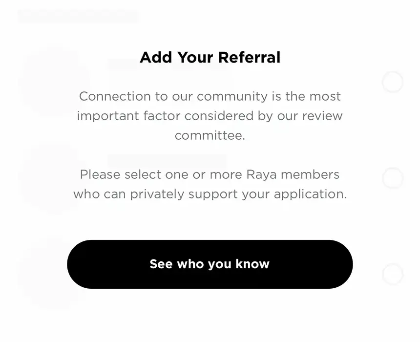 Screen 3 of the Raya application flow