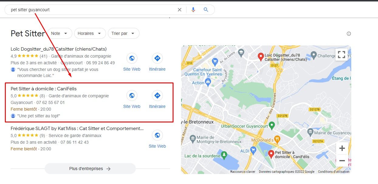 position résultat de recherche fiche google my business CaniFélis