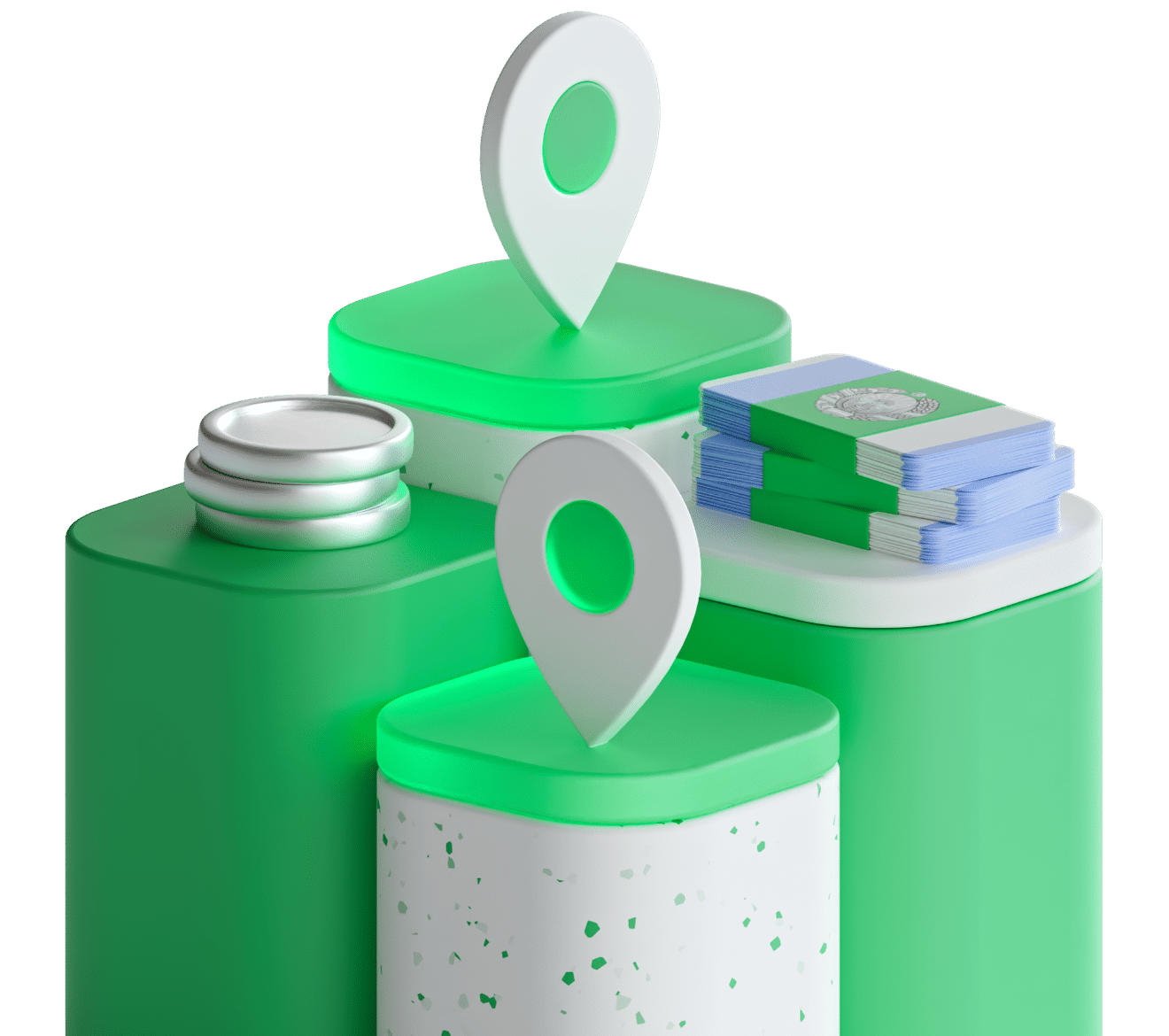 The picture shows a location icon and a stack of money bills on two green glass platforms. The vivid colors of the money bills stand out against the green glass, creating a strong image. The location icon emphasizes the importance of the message.